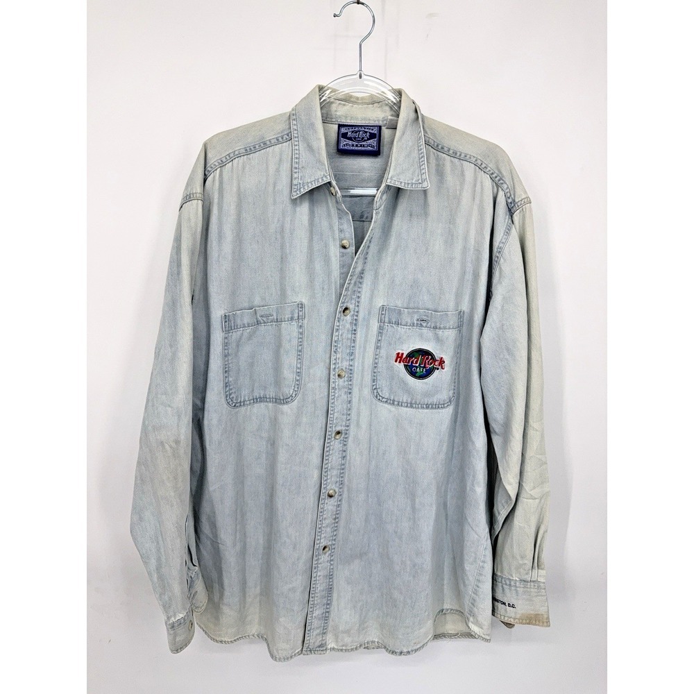Vintage 80s 90s Hard Rock Cafe Washington‎ D.C Denim Shirt Embroidered Size L